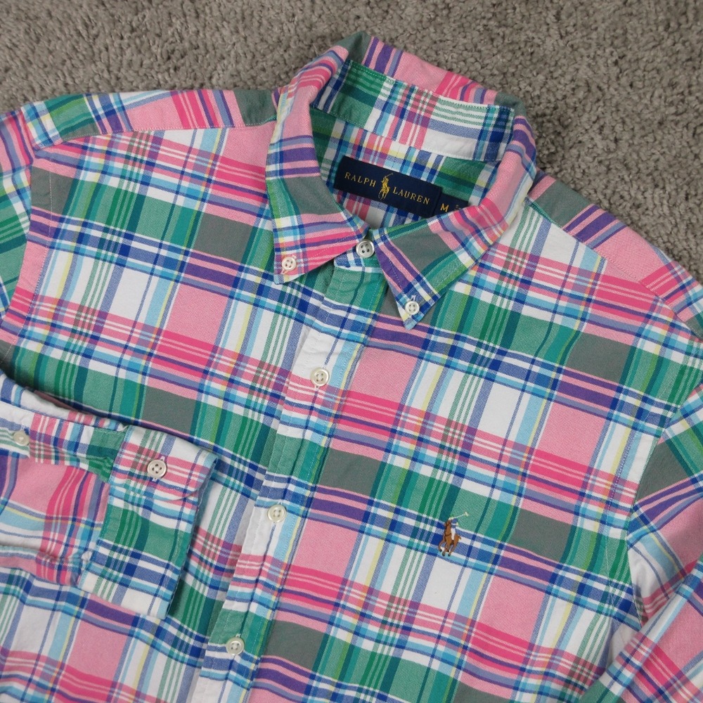 Polo Ralph Lauren Shirt Mens Medium Green Pink Plaid Oxford Cloth Pony Button Up